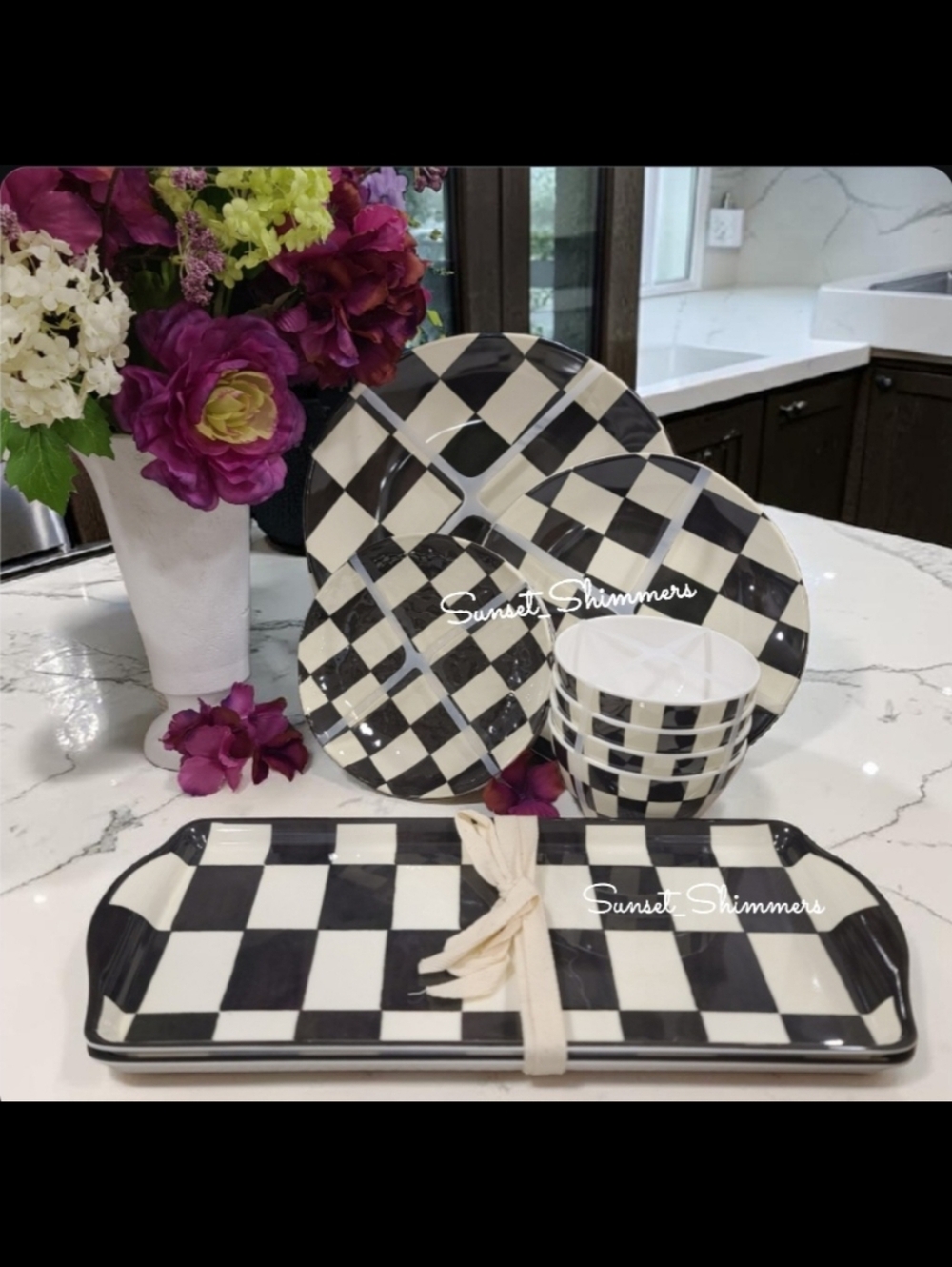 18pc Mackenzie Style Checkered Melamine Dinnerware Plates Bowls Serving Platter